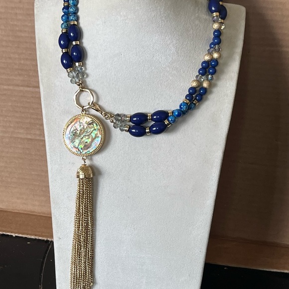 BOGO 80s to 90s Abalone Tassel Necklace. Faux Lapis Lazuli and Crystal Bead - Picture 3 of 12